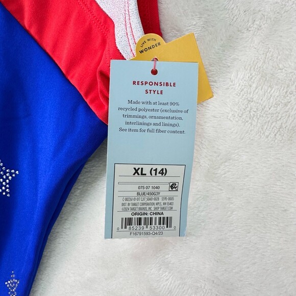 NWT Girls Red Wt Blue Star Embellished Sleeveless Asymmetric Flag Leotard XL14 - Picture 2 of 10